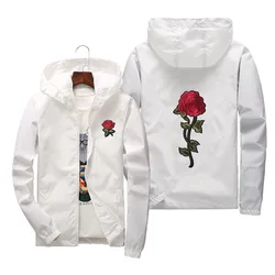 2025년 봄 여성용 기본 재킷, 후드 자수 장미 캐주얼 남성용 바람막이 경량 항공 점퍼, 여성용 흰색