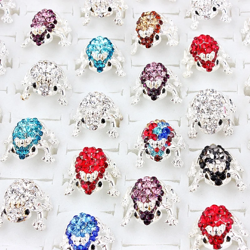 QianBei Lovely Wholesale Mix 25pcs Frog Charm Rhinestone Crystal Adjustable Gift Exaggerated Rings Fashion Jewelry