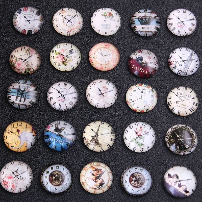 6pcs Mix Alarm Clock Pattern Round Glass Cabochon 20mm Dome Flat Back DIY Jewelry Finding