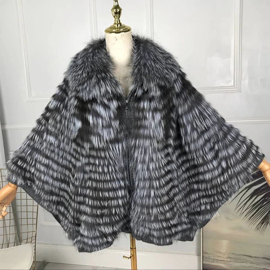 Womens Natural Fur Coat Winter Real Silver Fox Fur Coat Short Batwing Coats Fashion High Quality Best Selling