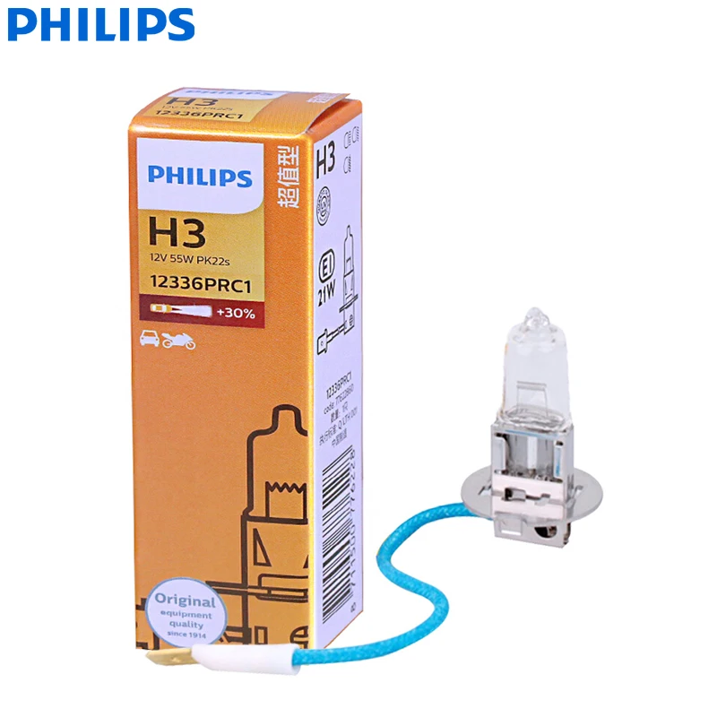 Philips Vision H3 12V 55W PK22s 12336PRC1 +30% More Bright Original Light Car Fog Lamp OEM Quality Auto Head Bulb (Single)