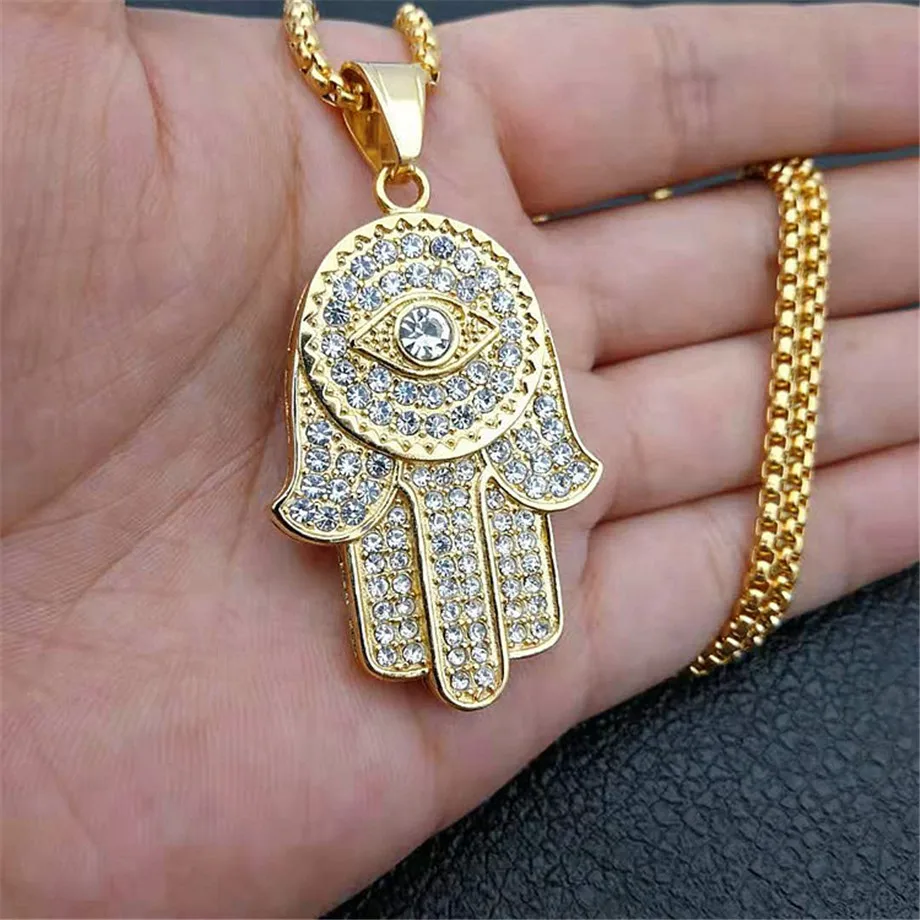 Turkish Evil Eye Hamsa Hand of Fatima Pendant Necklace Gold Color Stainless Steel Iced Out Chains For Women Men Hip Hop Jewelry