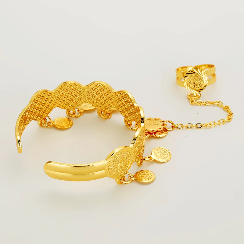 Dubai African Coins Bangles Arabic  Jewelry Gold Bangles for Kids Copper Baby bracelets with Ring