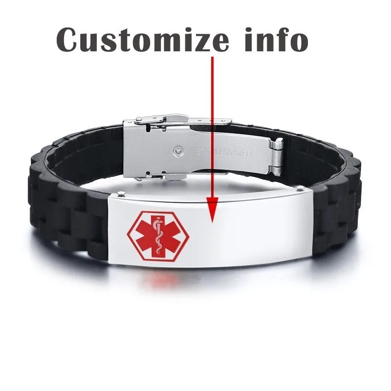 Custom Graveren Naam Ziekte Info Emergency Id Armbanden Voor Mannen Zwart Siliconen Sport Medische Alert Unisex Pols Armbanden
