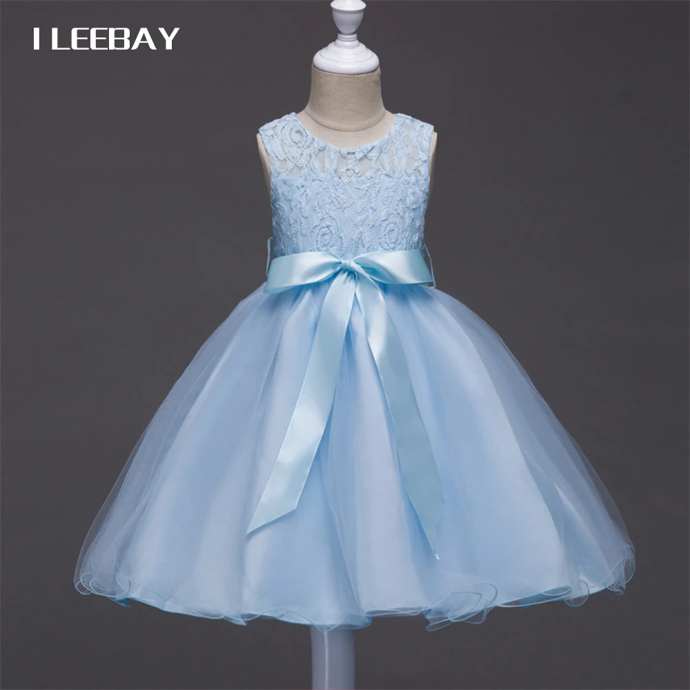 2018 New Prom Dresses Girls Chiffon Lace Graduation Gown Teenagers Elegant Bow Elastic Pleated Tutu Dress Kids Floral Clothes