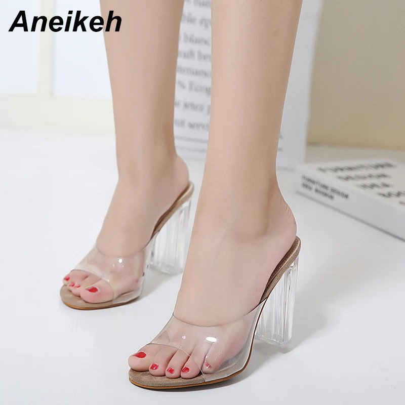 Aneikeh Fashion PVC Jelly Slippers Open Toe Perspex Transparent Thin Heels Crystal Women Pumps 2024 Summer Sandals Size 37-42