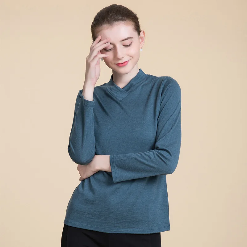 2019 Spring New 100% Pure Wool Long Sleeves T- Shirt  Long Sleeved Sweater Temperament Tee Tops