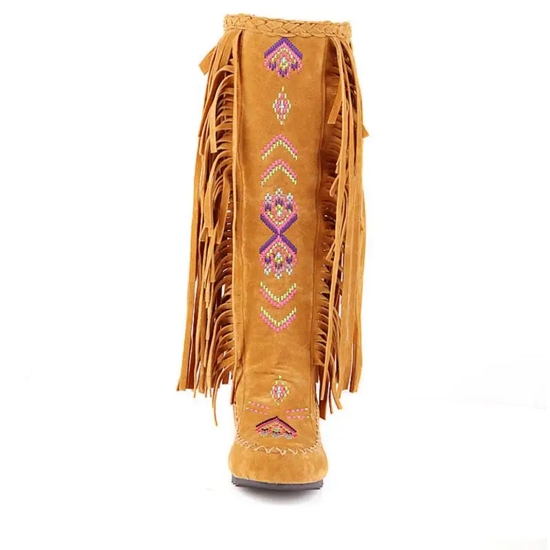 TAOFFEN Fashion Chinese Nation Style Flock Leather Women Fringe Flat Heels Long Boots Woman Tassel Knee High Boots Size 34-43