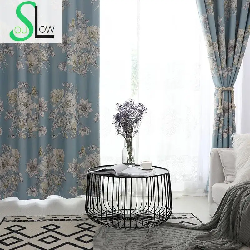 Slow Soul Yellow Blue Modern Quality Thick Double side Black Silk Shade Curtains For Living Room Floral Kitchen Bedroom Blackout