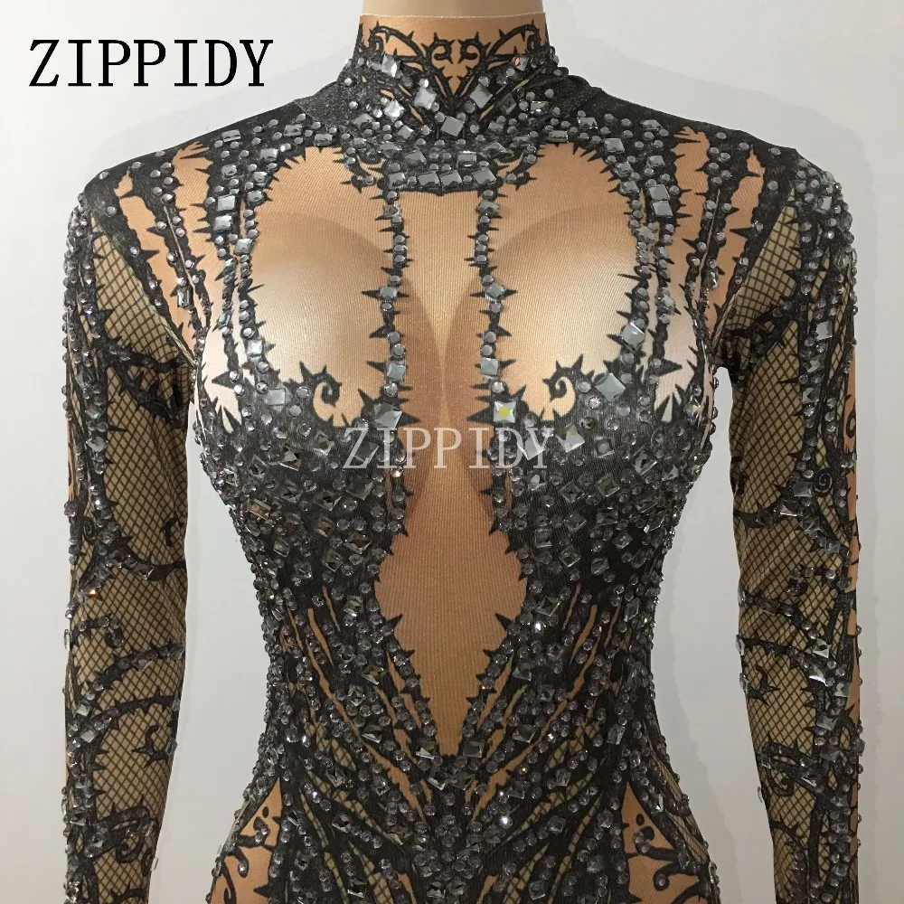 Fashion Hollow Black Crystals Stretch Jumpsuit Sexy Nightclub Bar Dance Wear Bodysuit Leggings Performance Clothing