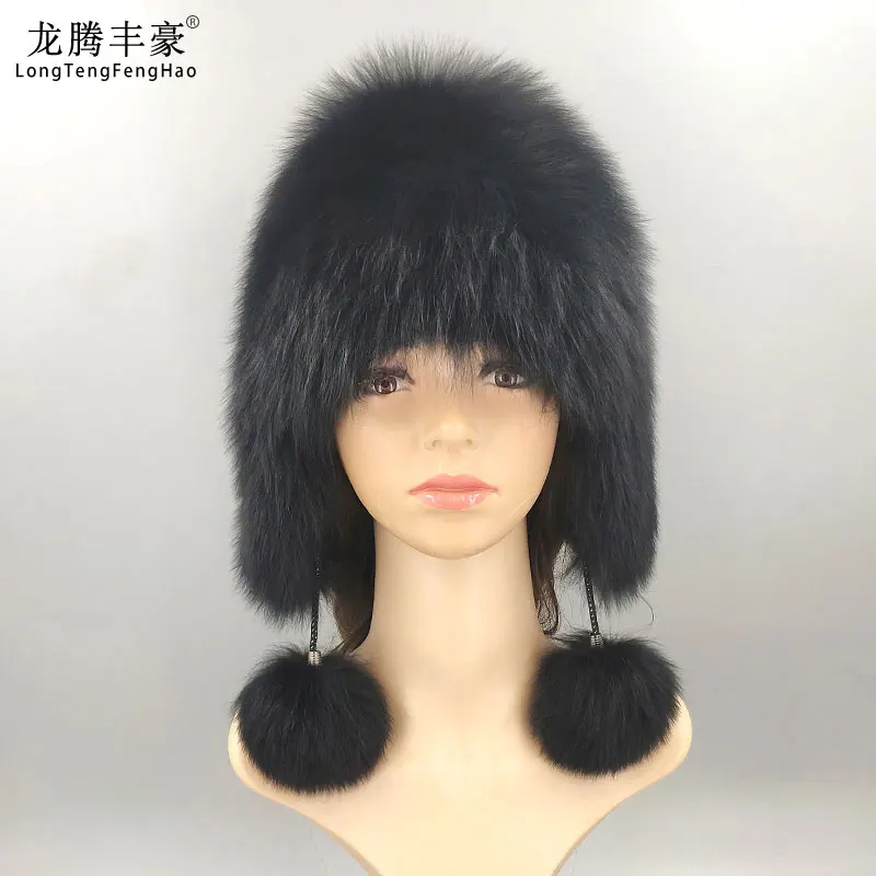 

Best Selling Natural Silver Fox Fur Women Winter Knitted Hat Ladies Fox Fur Pilot Hat Ear Protection Essential For Warm Winter
