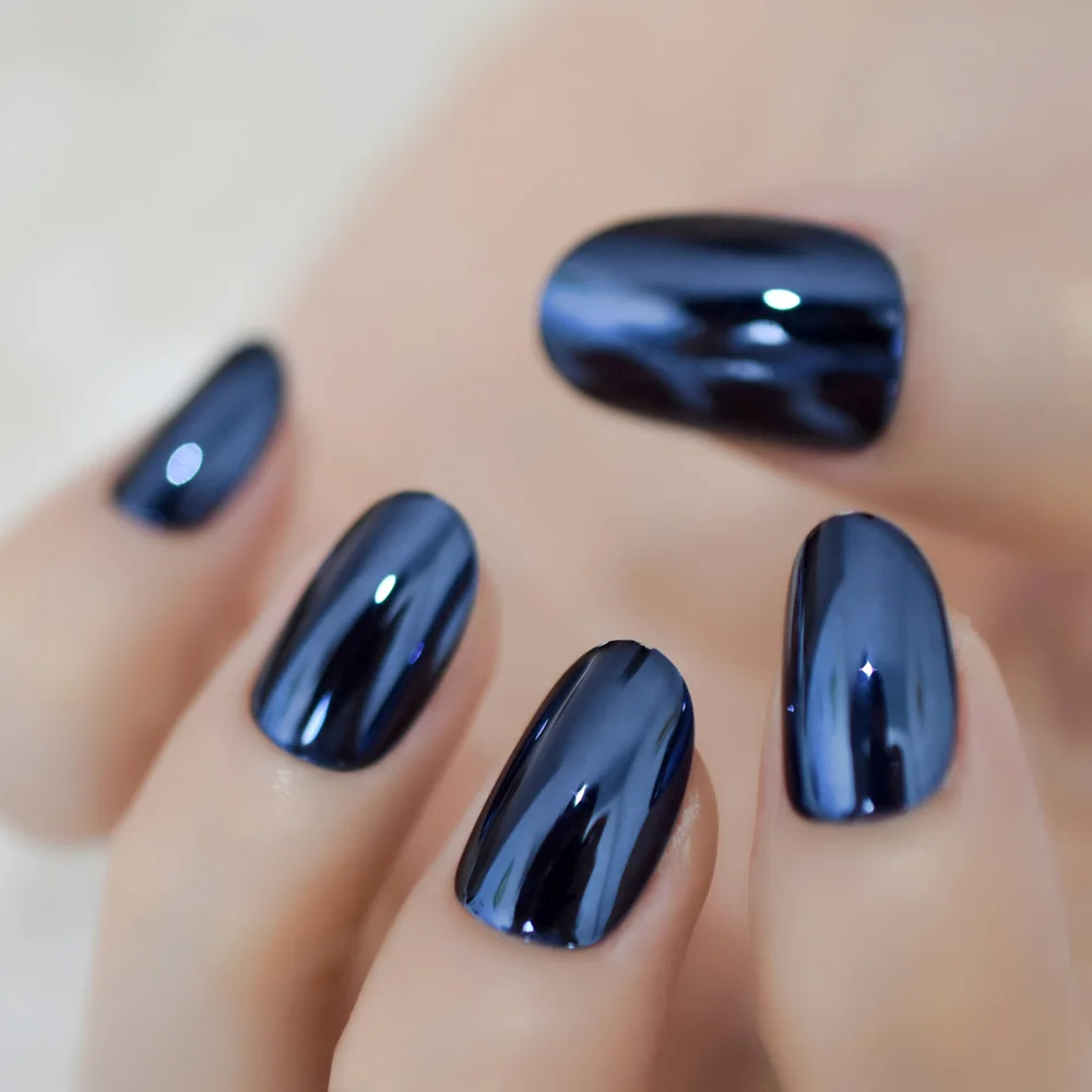 Metallic Spiegel Heldere Blauw Grijs Valse Nail Mix Blauw Metalen Ovale Ronde Nep Nagels Manicure Volledige Nails Art Tips