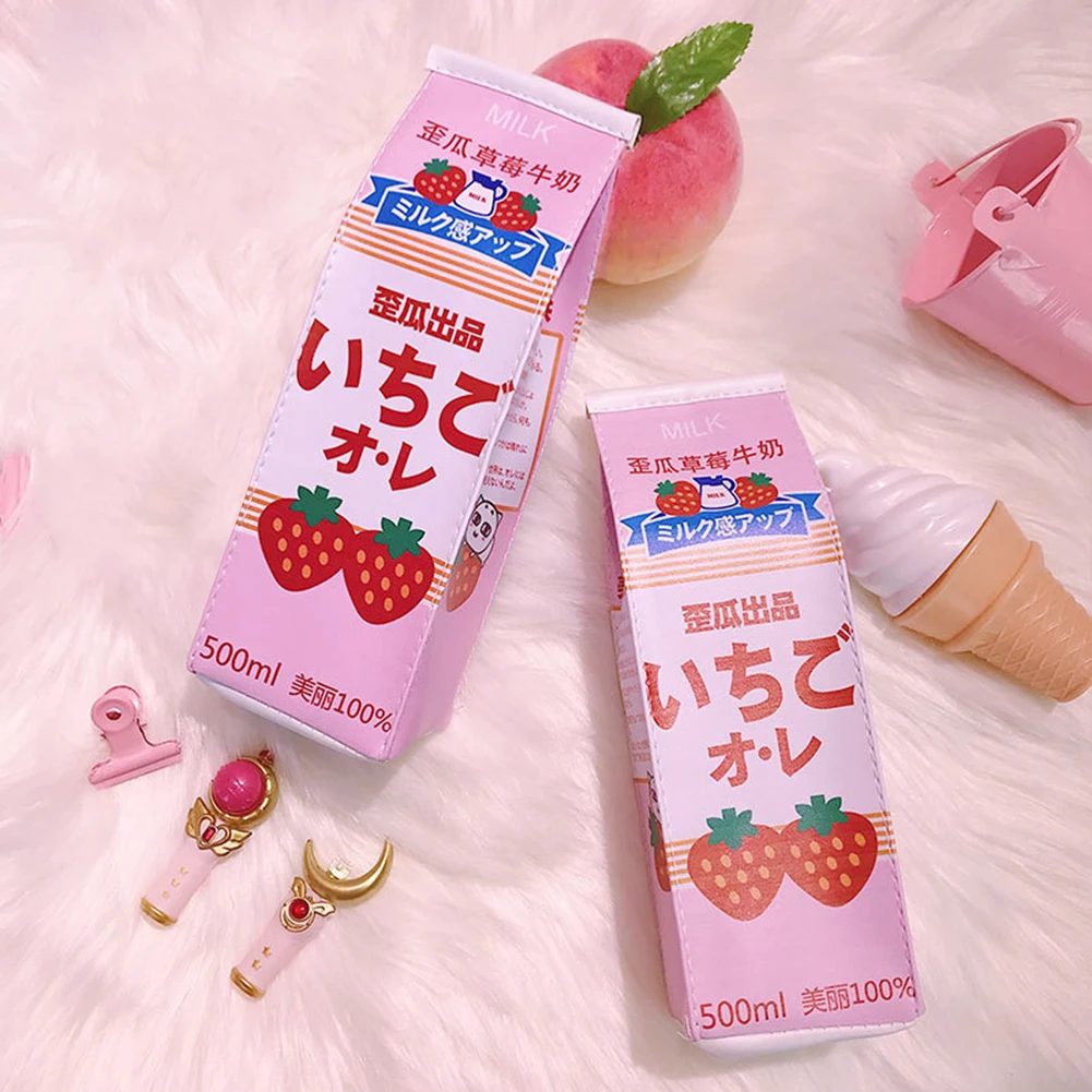 Creative PU Leather Pencil Case Strawberry Milk Box cute pencil case Kawaii Stationery School Supplies kids gift