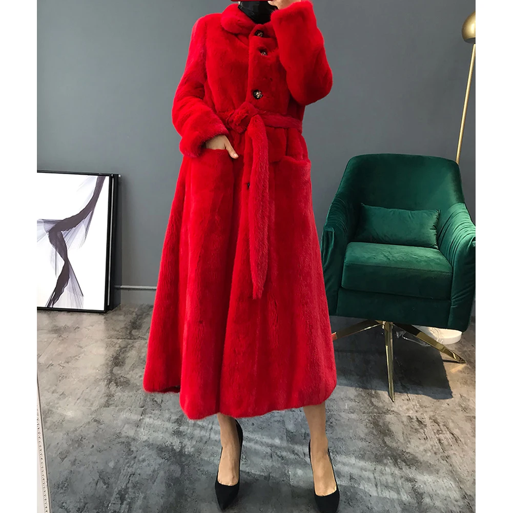 2019 New Real Women's Mink Fur Coat Fashion Long Outwear Thick   Warm Fur Jacket Women's Red Plus Size Parkas