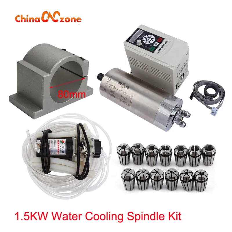 CNC Water Cooled Spindle Kit 1.5KW CNC Milling Spindle Motor + 1.5KW VFD + 80mm clamp + water pump/pipe +ER20 for CNC Router