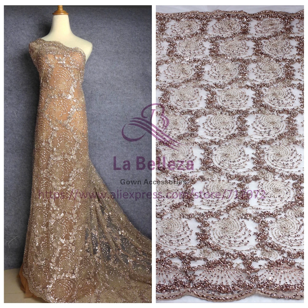 La Belleza New 1 yard super heavy handmde beaded Khaki evening dress lace fabric 47