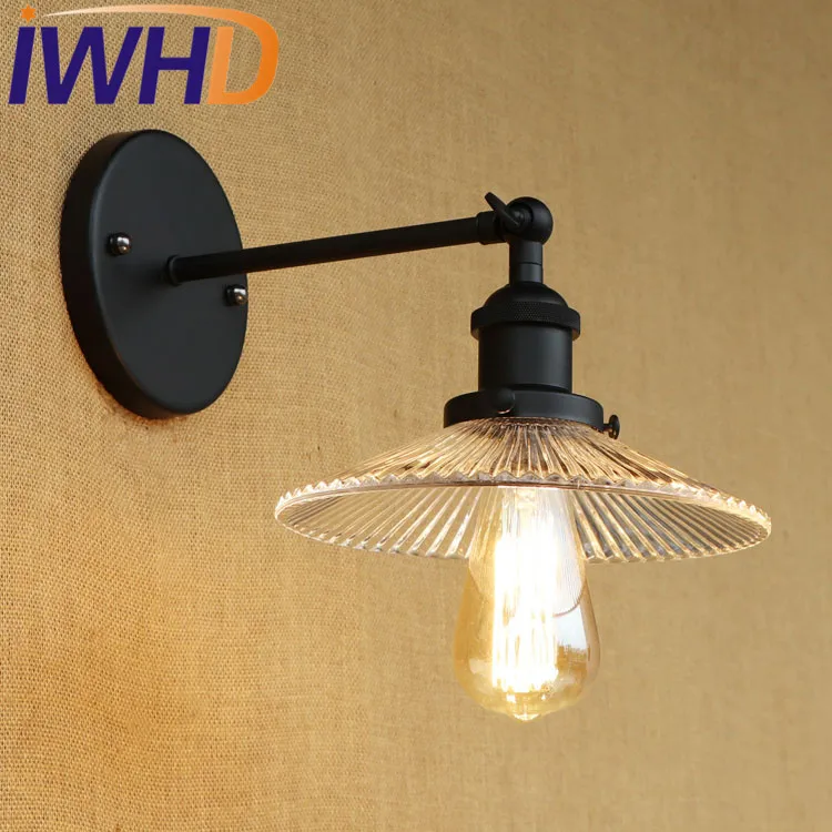 

IWHD Iron Arm Sconce Wall Lighting Black Vintage Glass Lamparas De Pared Loft Wall Lamp Vintage Industrial Led Bedroom Light