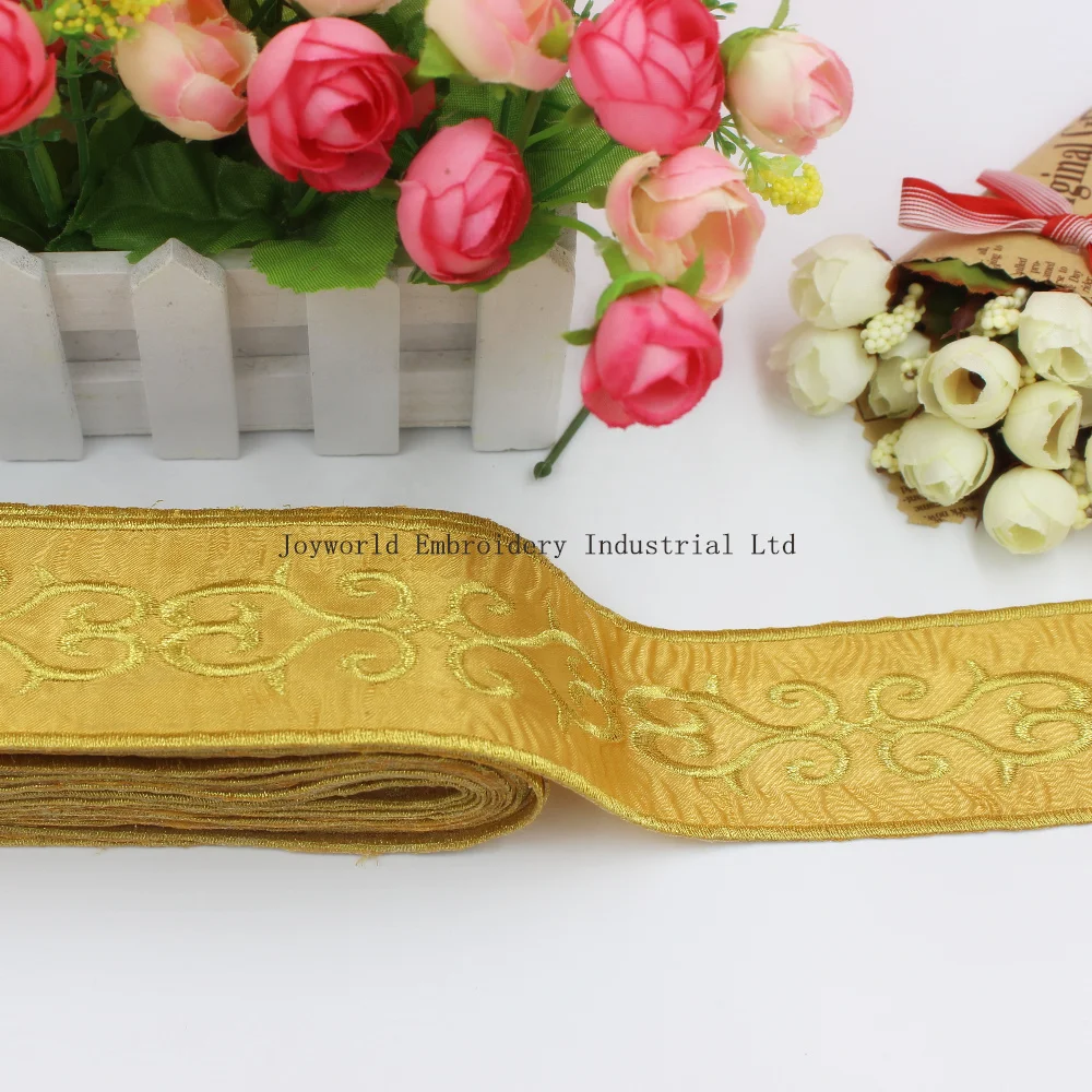 Gold Embroidered Lace Ribbons Appliqued Braid Flower Ribbon Iron On Cosplay Costumes Tape 5cm wide 6 Yard/Piece