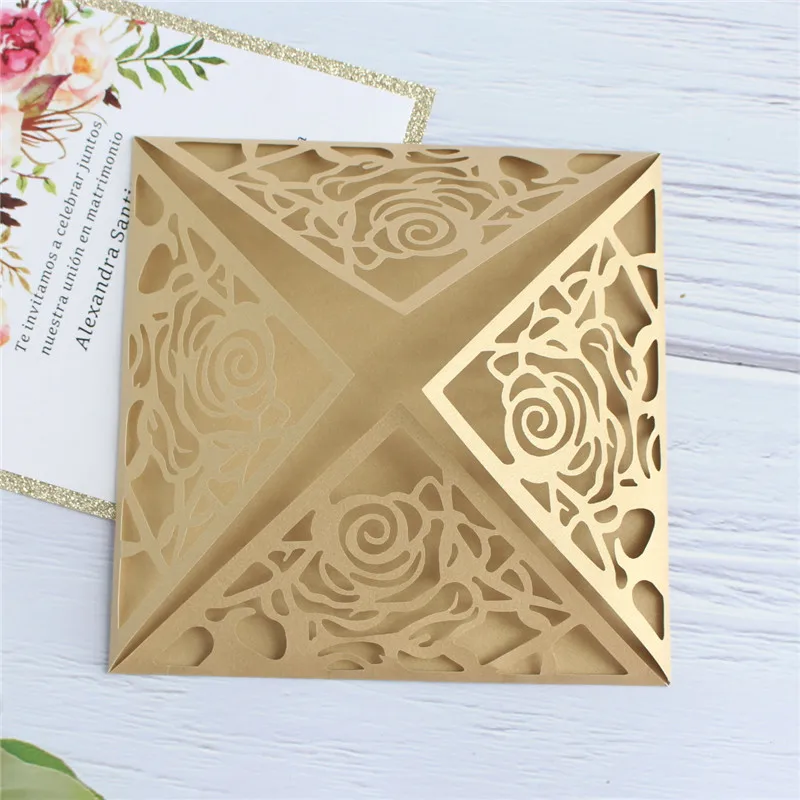 Floral invite wedding with gold glitter insert card lining elegant decoration personalized prinitng 50pcs