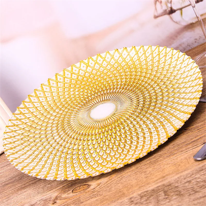 Plating Colorful Glass Flat Plate Dinnerware, Pineapple Grain Dinner Plate, Large Food Tray, Engraved Dish, Elegant Glass Dish