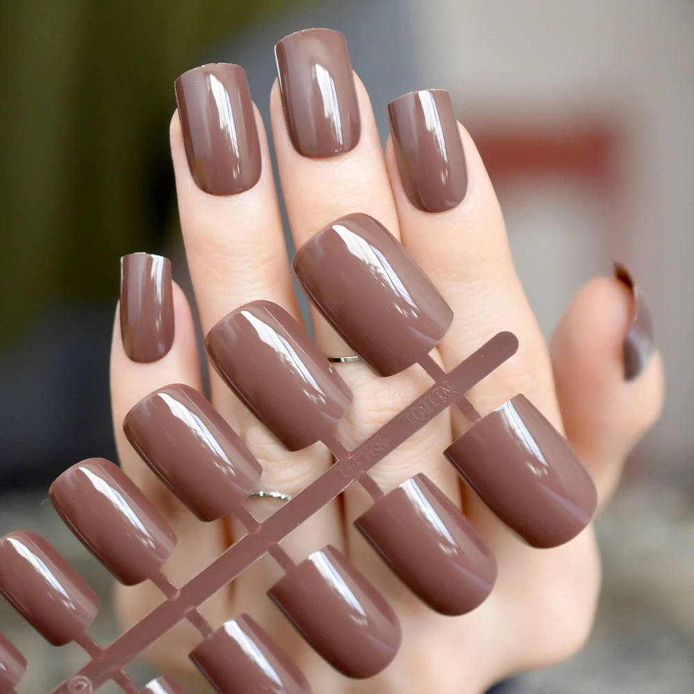 Café marrom unhas falsas ponta de chocolate efeito uv falso prego cobertura completa comprimento médio quadrado abs artificial diy manicure do prego