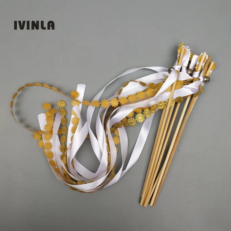 30pcs/ gold and white wedding ribbon wands with gold bell  ribbon Twirling Streamers wedding ribbon stick