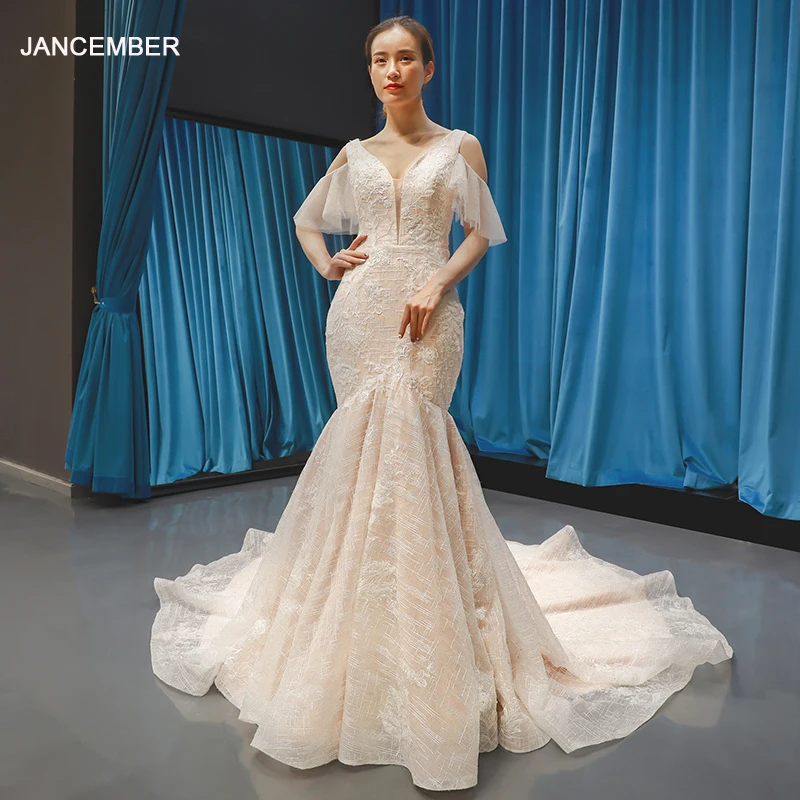 J66843 jancember lace half sleeve mermaid dresses with sleeves 2020 v-neck off shoulder summer bridal gown vestidos de noiva