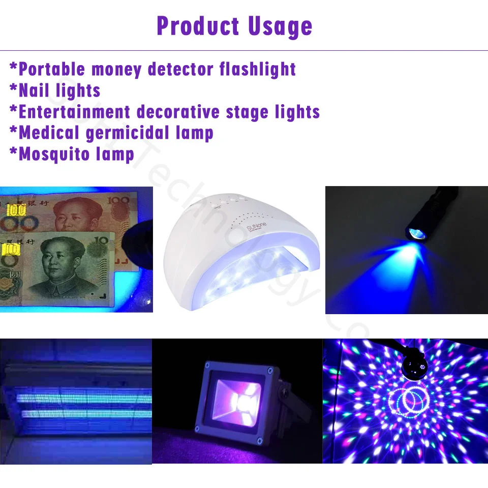 UV Purple LED Ultraviolet Bulbs Lamp Chips 365nm 370nm 375nm 385nm 395nm 400nm 405nm 425nm 3W High Power Diodes COB Light Beads