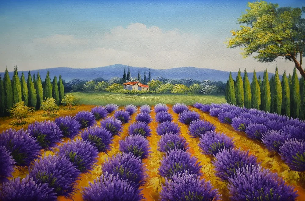 

Hand Painted Flower Oil Canvas Painting Beautiful Oil Painting Flower Lavender Field Scenery Wall Art Picture for Home Decor