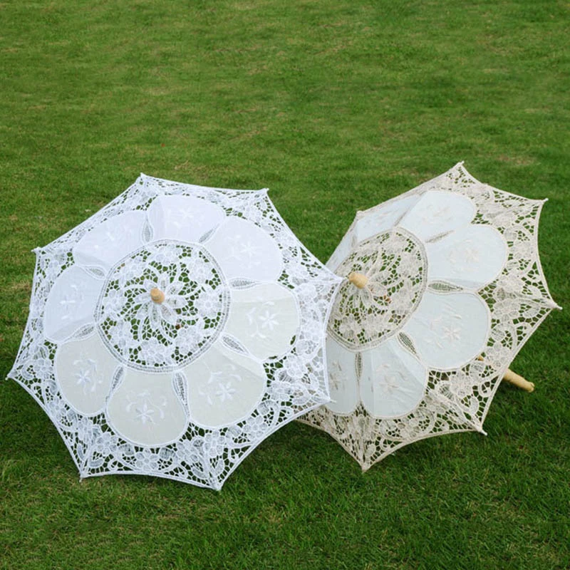 Elegant Lace Umbrella Cotton Embroidery White Beige Lace Sunshade Parasol Sun Umbrella For Wedding Decoration Photography