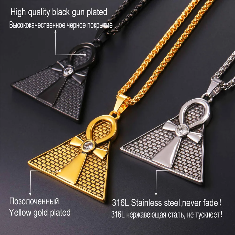 Kpop Ankh Egyptian Cross Key of the Nile Charm Necklace Egyptian Pyramids Pendants Gold Color Stainless Steel Necklaces GP175