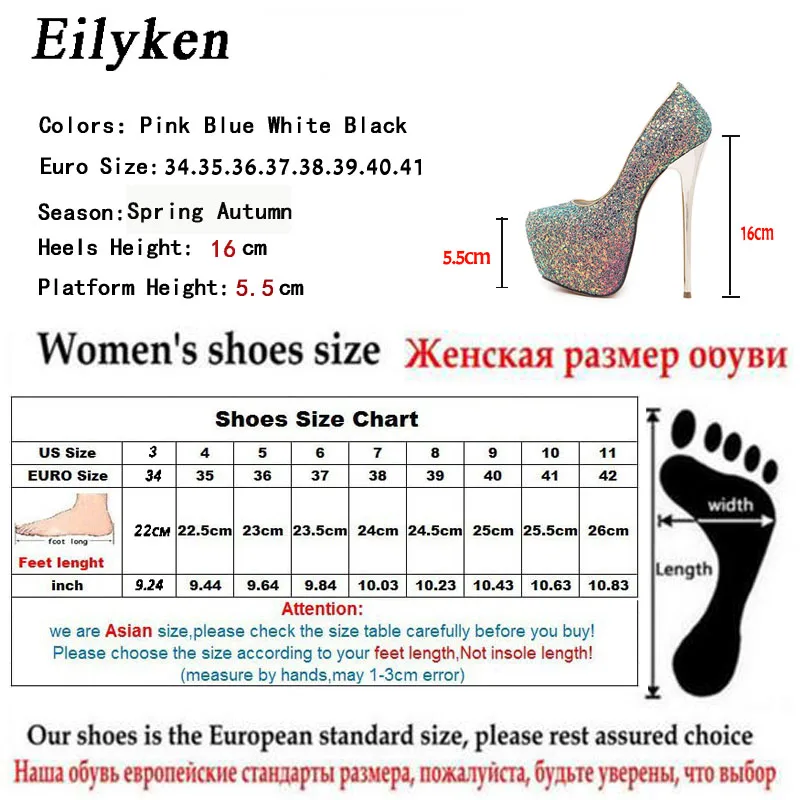 Eilyken Plus Size 44 45 New Sexy Platform Ultra High Heels Woman Pumps Designer Bling Sequins Party Strippers Dress Shoes