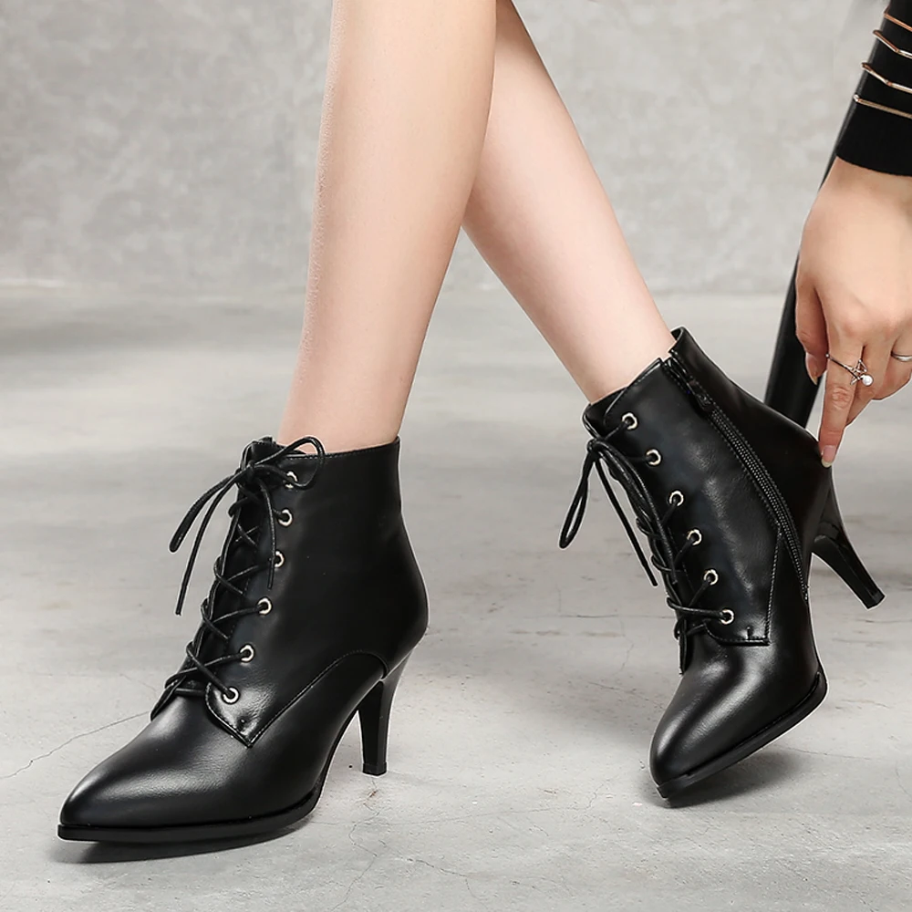 Meotina Ankle Boots Winter Women Boots Lace Up High Heel Short Boots Pointed Toe Square Heel Shoes Female Zipper Plus Size 33-43