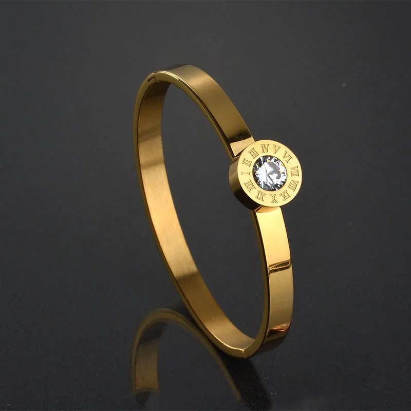 UZone Fashion Roman Number Bangle Gold Color Stainless Steel Replaceable Stone Bracelets For Women Wedding Party Gift