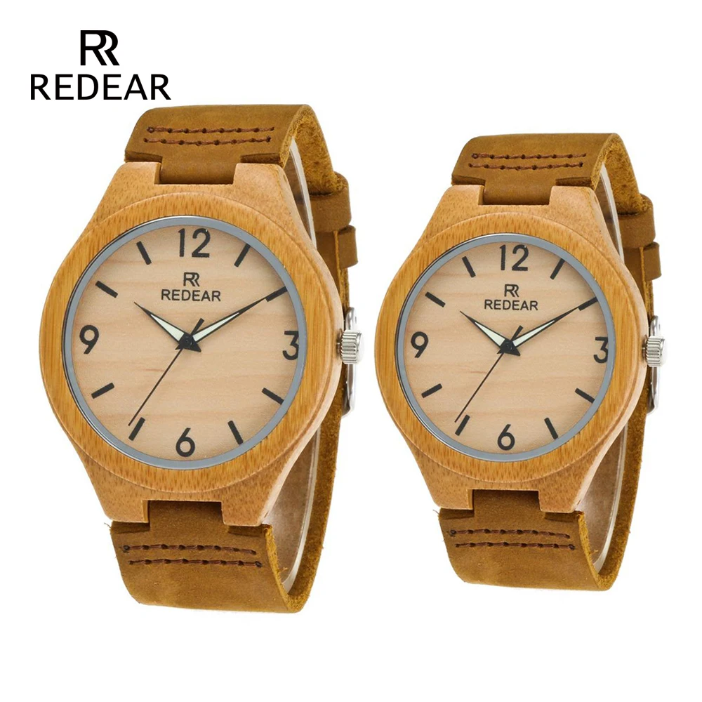 REDEAR amante relojes clásico de madera de bambú de relojes con luz de la noche de puntero de cuero Real para las mujeres Unisex regalo en caja de regalo