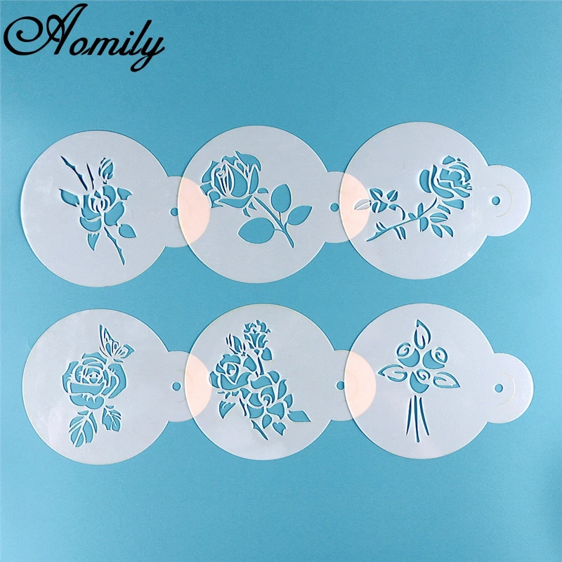 Aomily 6pcs/Set Wedding Cake Stencils Rose Flowers Coffee Templates DIY Cake Fondant Sugarcraft Baking Decorating Tools Bakeware