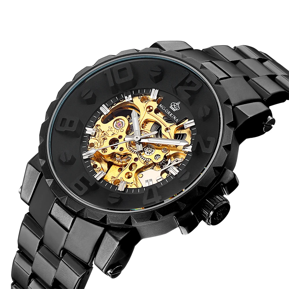 MG. ORKINA Men Wristwatch Golden Skeleton Clock Mechanical Male Wrist Watch Black Relogio Masculino Automatic Zegarek Meski