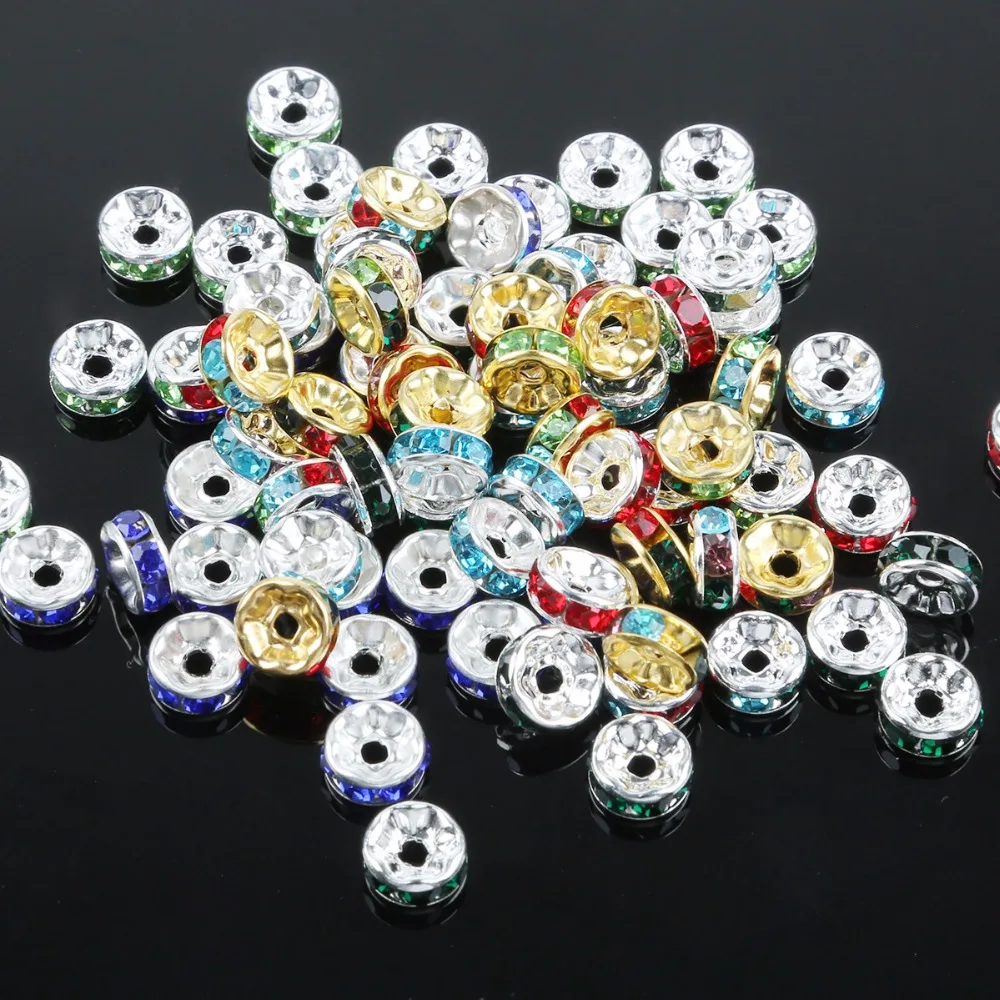 Iron/Copper 50pcs/lot 6 8mm Gold Silver Color Rhinestone Rondelles Crystal Loose Spacer Beads for DIY Jewelry Making Accessories