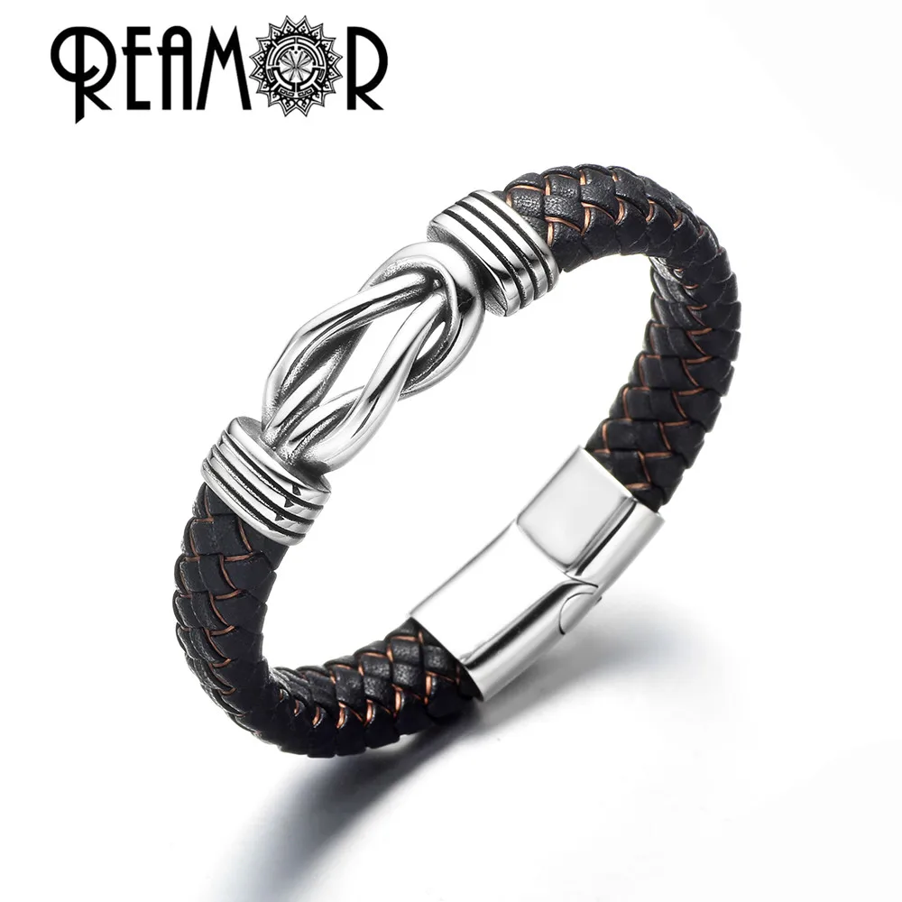 

REAMOR Luxury Men Genuine Leather Silk Braided Bracelets Male Jewelry 316L Stainless Steel Knot Cuff Wristband Women Bangles