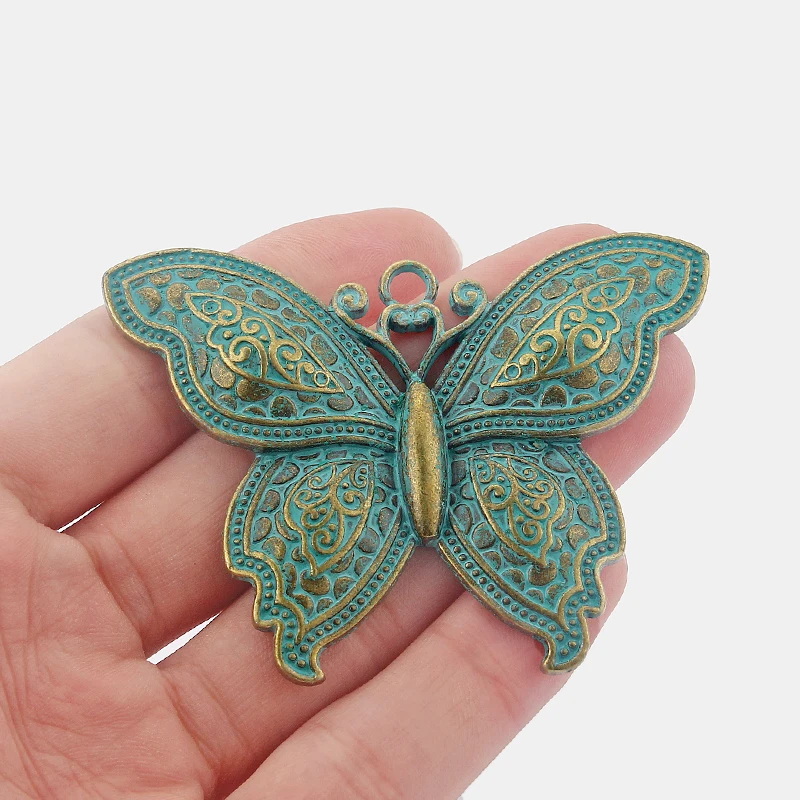 2pcs Verdigris Patina Large Butterfly Carved Flower Figure Charm Pendant For DIY Necklace Jewelry Findings Making Accessories