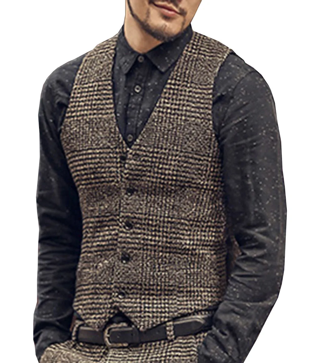 Mens Suit Vest Single-breasted V คอลายสก๊อตเสื้อกั๊ก Casual ธุรกิจอย่างเป็นทางการเจ้าบ่าวสําหรับงานแต่งงานสีน้ําตาล/สีเทา