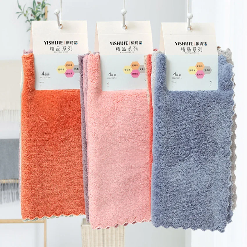 4pcs/set Hand Towels Small 25x25cm Coral Fleece Solid Color Face Towel For Kids Good Water Absorption Dish Towel toalha de banho