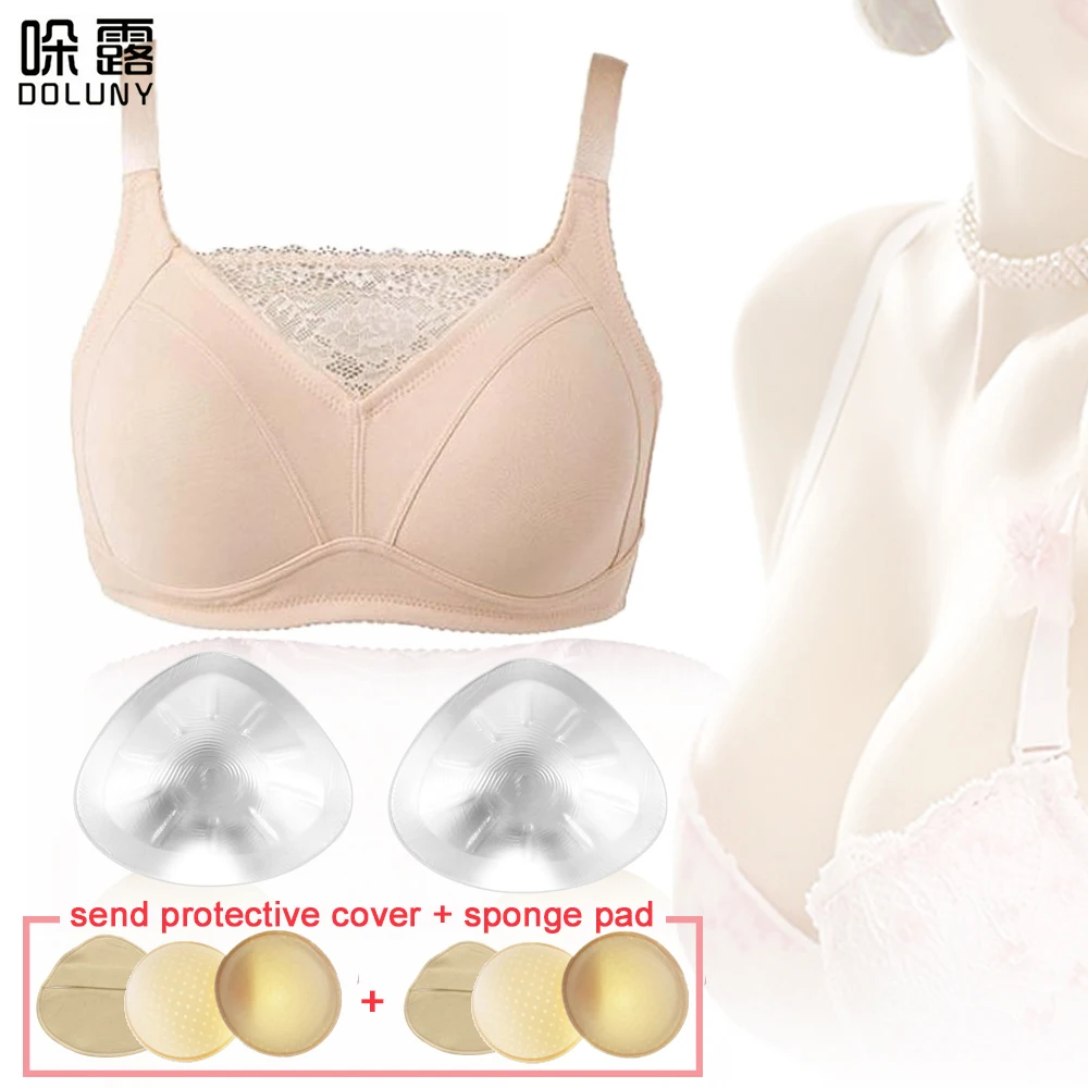 

Silicone Breast + Bra set Backside Deep Concave Mastectomy Transparent Fake Chest Pads Artificial Triangle Fake Breasts D30