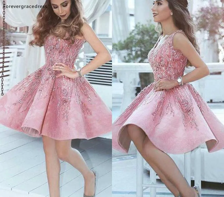 2019 Short Arabic Pink Homecoming Dress A Line V Neck Juniors Sweet 15 Graduation Cocktail Party Dress Plus Size Custom Made