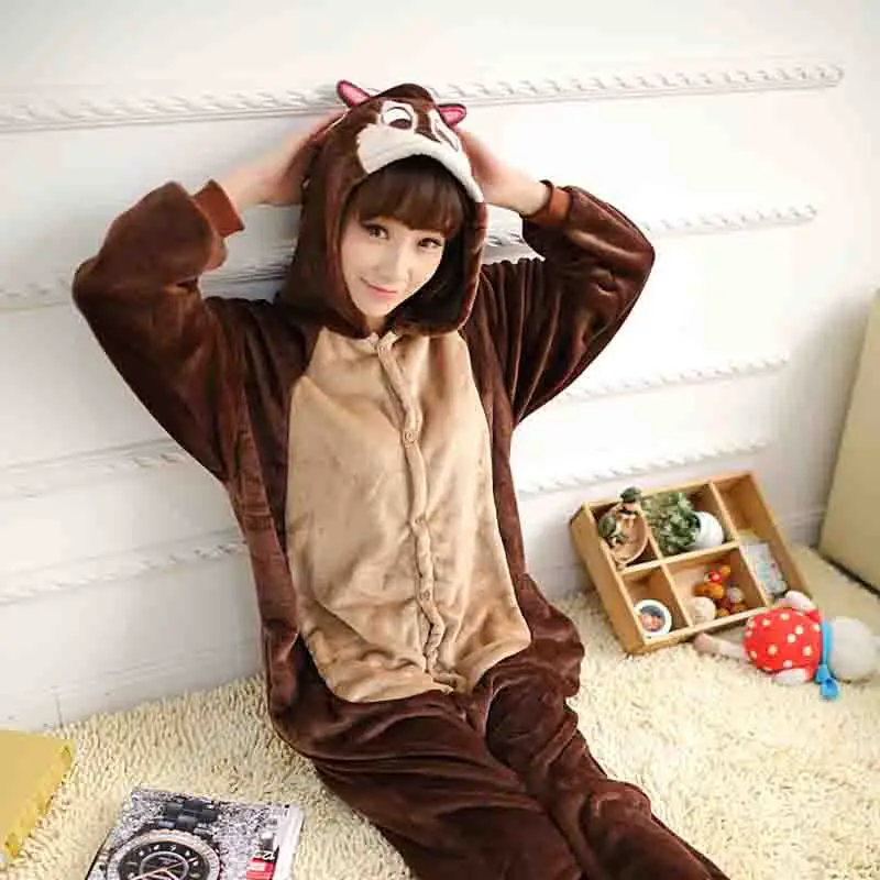 Animal Chipmunks Cosplay Costume Pyjamas Onesies Cartoon Hooded Pajama Jumpsuit Flaneel Woman Men Sleepwear Carnival Party Dress