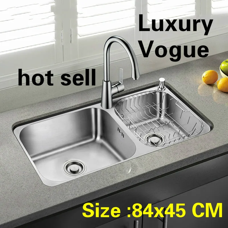 

Free shipping Standard individuality big kitchen double groove sink food grade stainless steel whole drawing hot sell 84x45 CM
