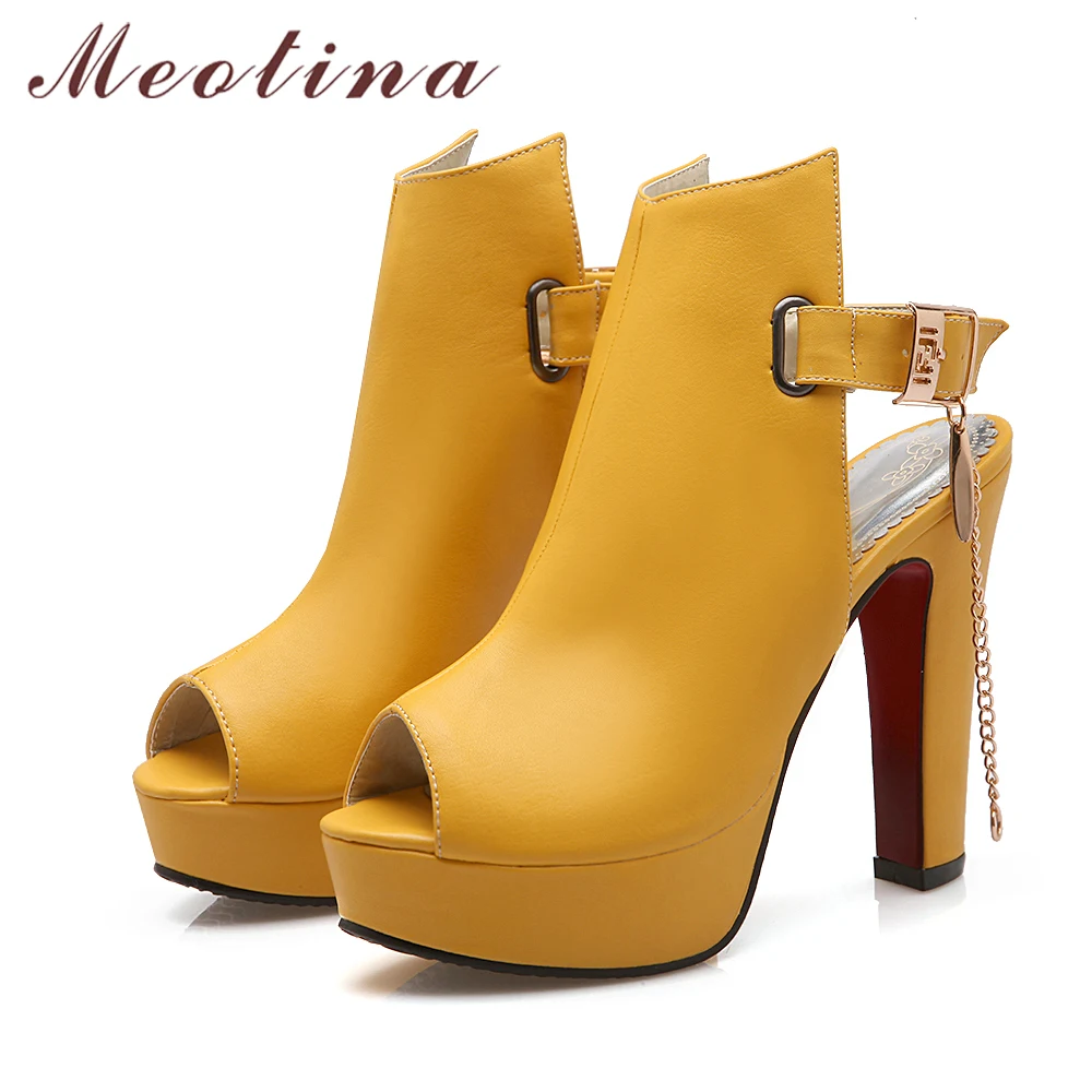 Meotina Shoes Women High Heels Pumps Spring Peep Toe Gladiator Shoes Female Chains Sequined High Heels Platform Shoes Yellow 43