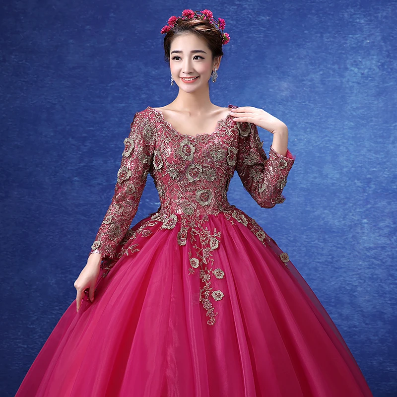 100%real embroidery beading hot pink ball gown medieval dress Renaissance Gown queen Victoria/Antoinette/ball gown/Belle Ball