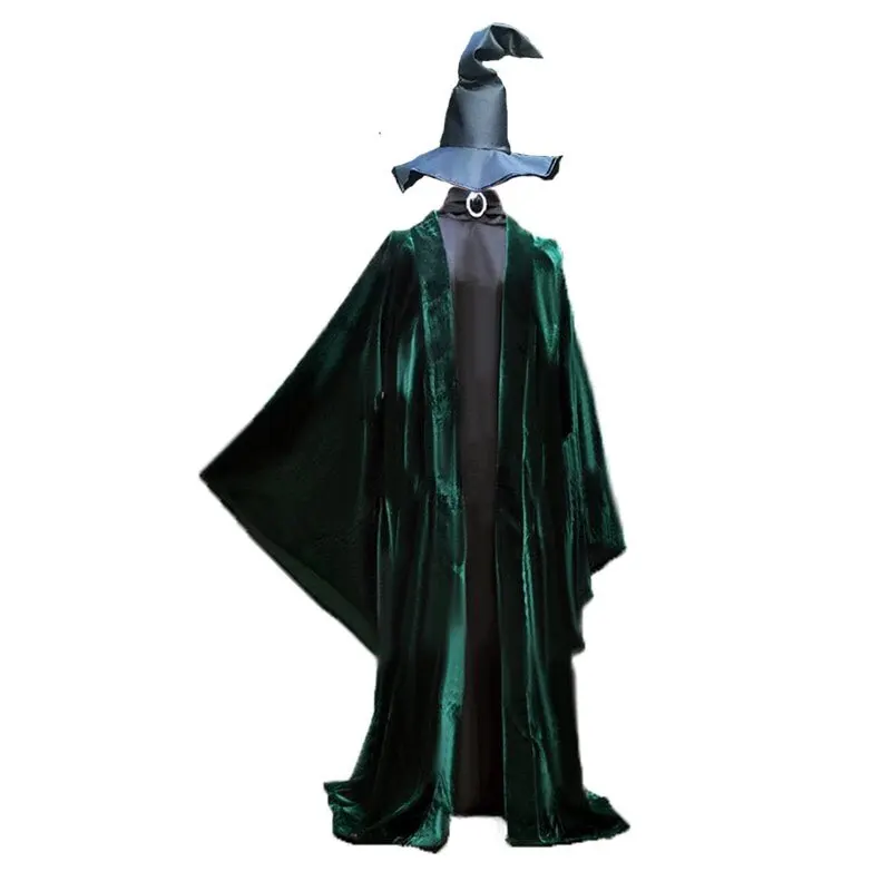 

2019 Minerva McGonagall Dress Cosplay Costume Dark Green Cloak Trench Coat Outfits New With Hat