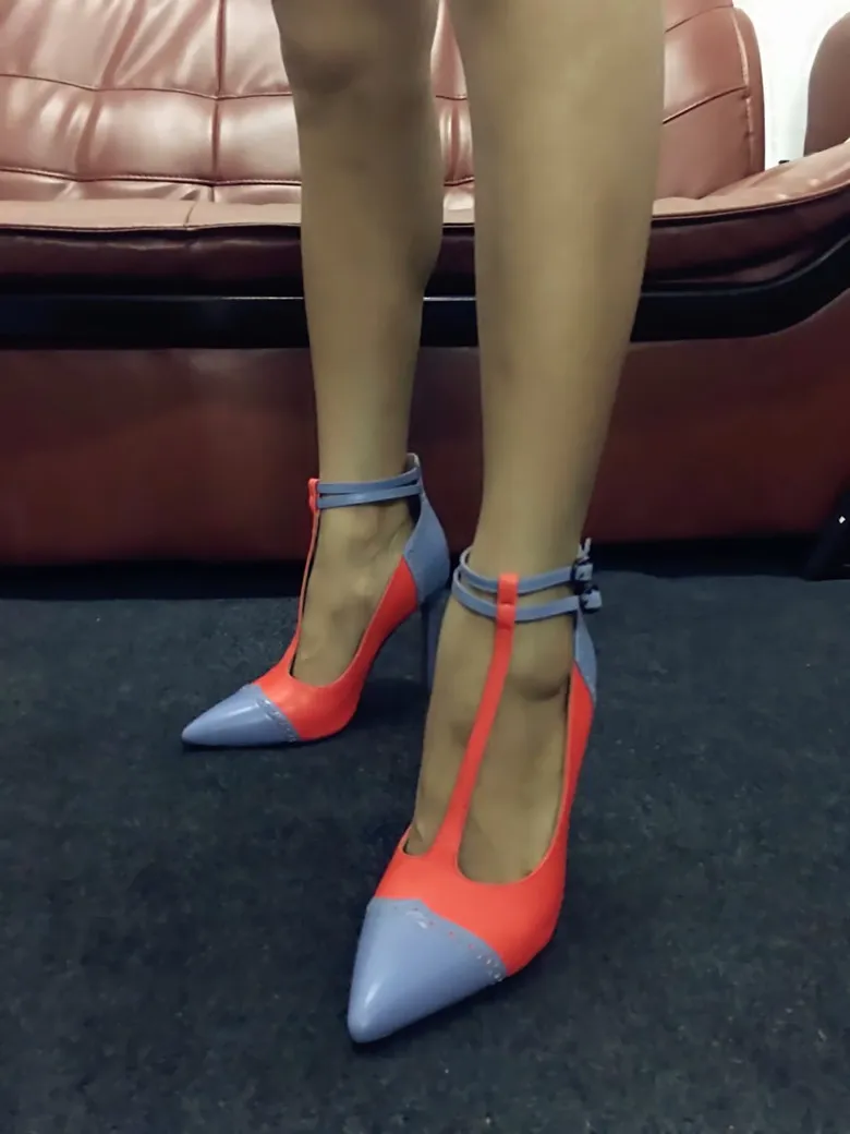 Sestito Hot Selling Women Mixed Color T-strap Sandals Ladies High Heels Sandals Female Pointed Toe Buckle Strap Dress Shoes